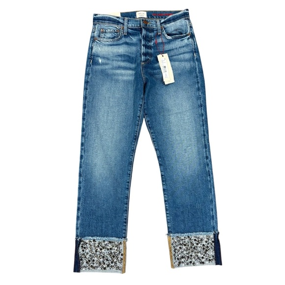 AO.LA High Rise Girlfriend Slim Jeans Fools Rush In Studded Rhinestone Cuff 28 - Picture 1 of 9
